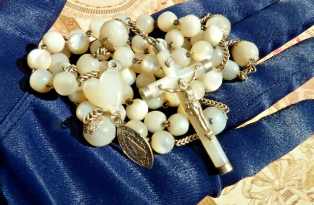 ANCIEN GRAND CHAPELET PERLES et CROIX en NACRE et ARGENT XIXe