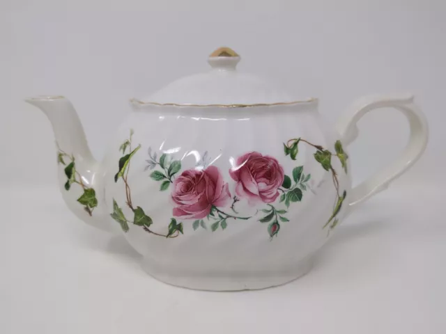 Arthur Wood & Son Pink Roses Ivy Teapot # 6426 Gold Trim Staffordshire England
