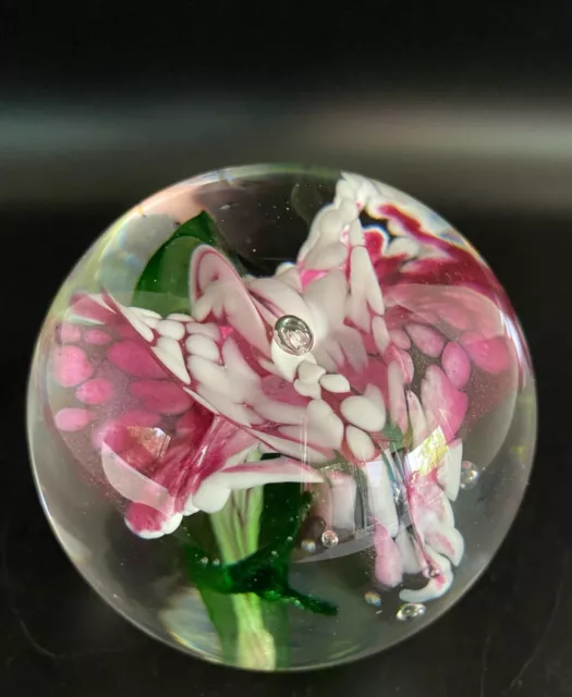 Fred Wilkerson Art Glass Paperweight Pink Orchid Flower Green Leaf Signed 1999