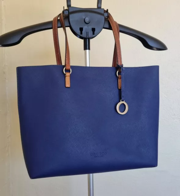 Stunning OROTON Estate Tote - Navy Blue/Tan Logo Swing Tag VGC designer RRP $150