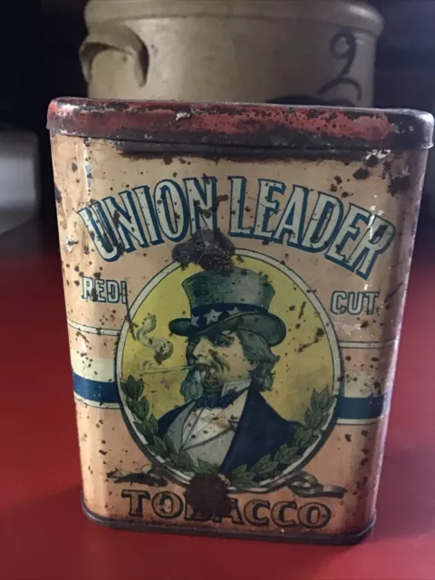 Antique Old Vintage Union Leader Smoking Tobacco Tin Advertising Uncle Sam Pipe