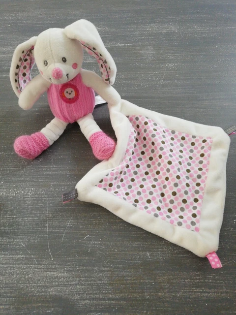Doudou Nicotoy Lapin Blanc Rose Mouchoir Pois Gris Oiseau