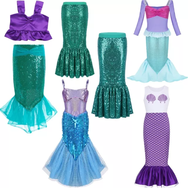 Bambini Sirena Paillettes Costume Bambina Principessa Fancy Dress Up Party Outfits