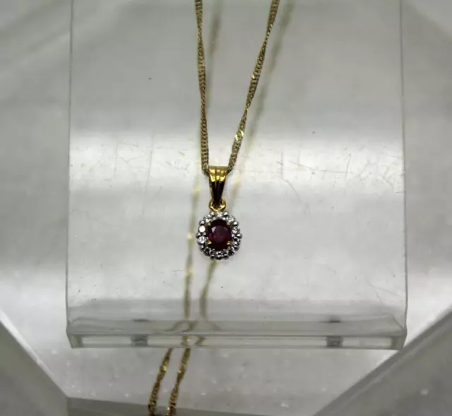 750 18k Yellow Gold Dainty Oval Cut RUBY & DIAMOND HALO PENDANT NECKLACE 18"