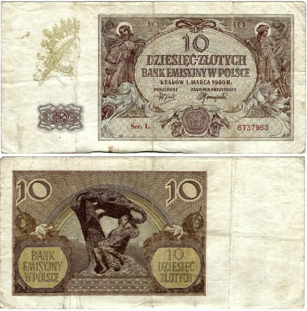 Polen Banknote 10 Złotych 1940 EMISSION BANK IN POLAND ZWK-29b Ro.574b  P-94