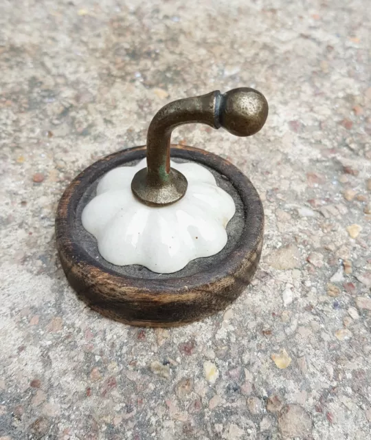 Vintage Old Victorian Brass Wall Hanging Hook Porcelain Melon Shape Base