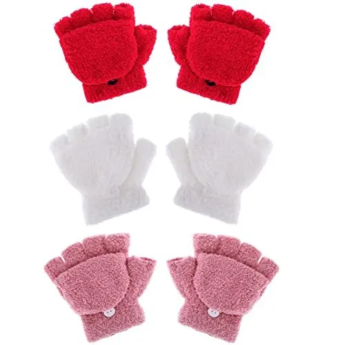 3 Pairs Kids Fingerless Gloves Convertible Mittens Flip Top Gloves Toddler