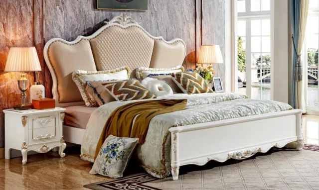 Lit Chambre à Coucher Set Design Blanc Style Cuir Lits 2x Table de Chevet 3tlg