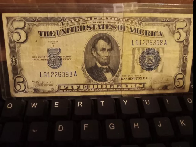 Lot Of 4 1934 $5 Bills, 3 Notes, 1 Silver Certificate Blue Seal