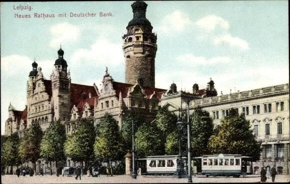 Ak Leipzig in Sachsen, Neues Rathaus, Deutsche Bank, Straßenbahn - 3988546