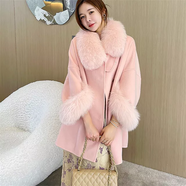 Winter 100% Double Sided Cashmere Coat Womens Real Fox Fur Cloak Loose Wool Coat