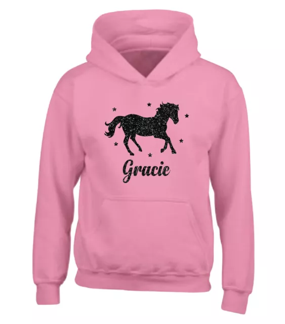 Felpa con cappuccio personalizzata glitter cavallo equitazione scuola felpa con cappuccio ragazze ragazzi regalo 3