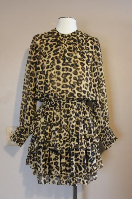 MISA Los Angeles Katia leopard print flare ruffle long sleeve mini dress Sz.M