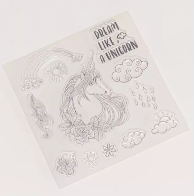12 Einhorn Klare Gummi-Stempel-Traum-Regenbogen-Wolke-Regen-Blume-Sonne-Silikon