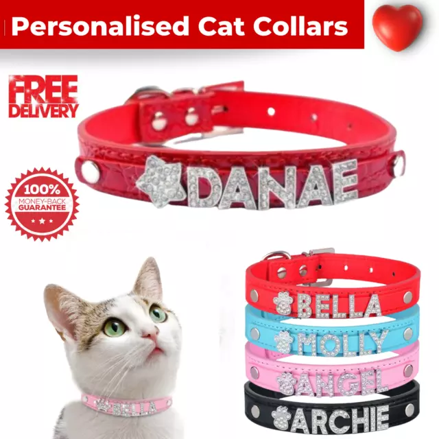 Katzenhalsband Leder verstellbar personalisiert Haustier Kätzchen Etikett Halsbänder reflektierend UK