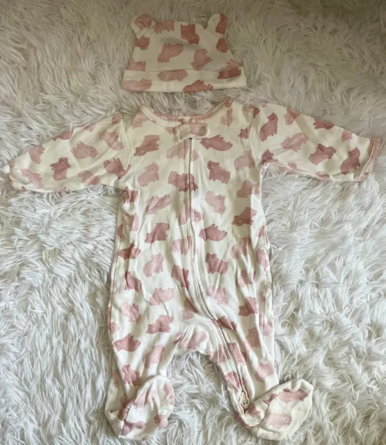 Carters Baby Girl 3M Pink Bear Sleeper With Hat 2 Way Zip White Footed Pajamas