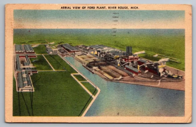 Postcard River Rouge Michigan MI Ford Motors Auto Plant Aerial View c1914 Linen
