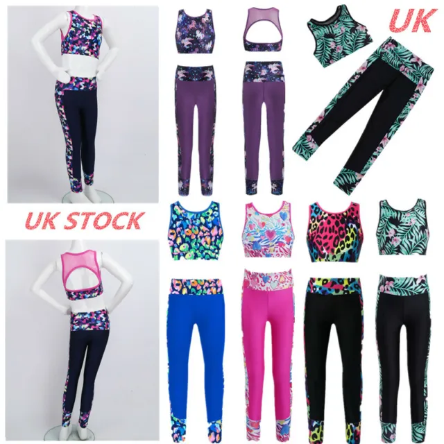 UK Kids Girls Tank Crop Tops with Leggings Outfit Gymnastic Sportswear Tracksuit