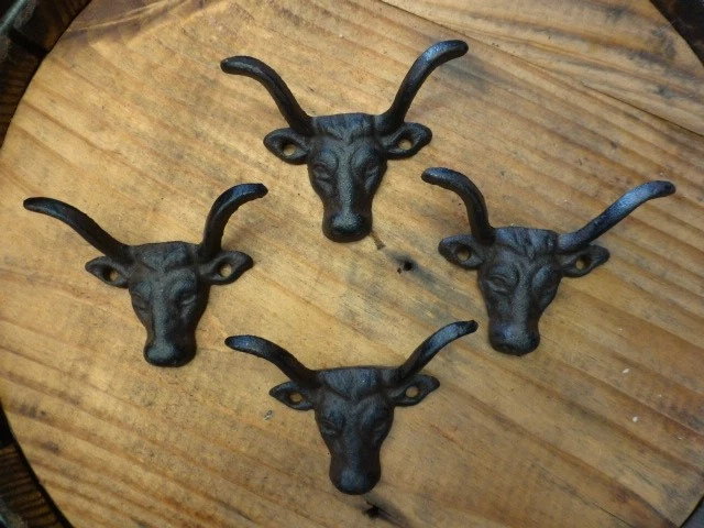 4 Brown Steer Longhorn Hat Coat Key Wall Hooks Rustic Western Cast Iron Metal
