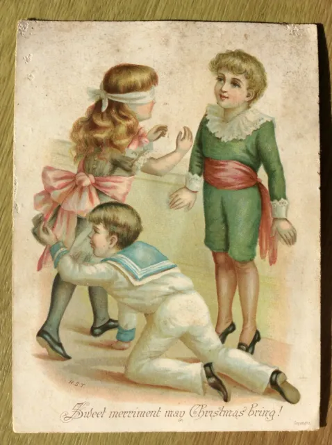 Boys tease the Girl playing Blind Man’s Buff ~ Victorian Xmas Card (ref: 76)