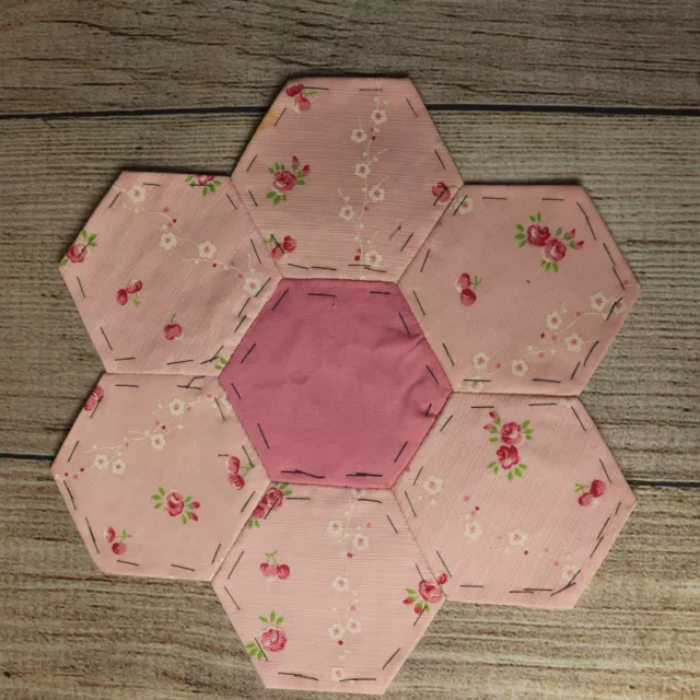 Hexagon Quilting 9" Block ~ pink 30 ~ Vintage Fabrics ~ Hand Pieced