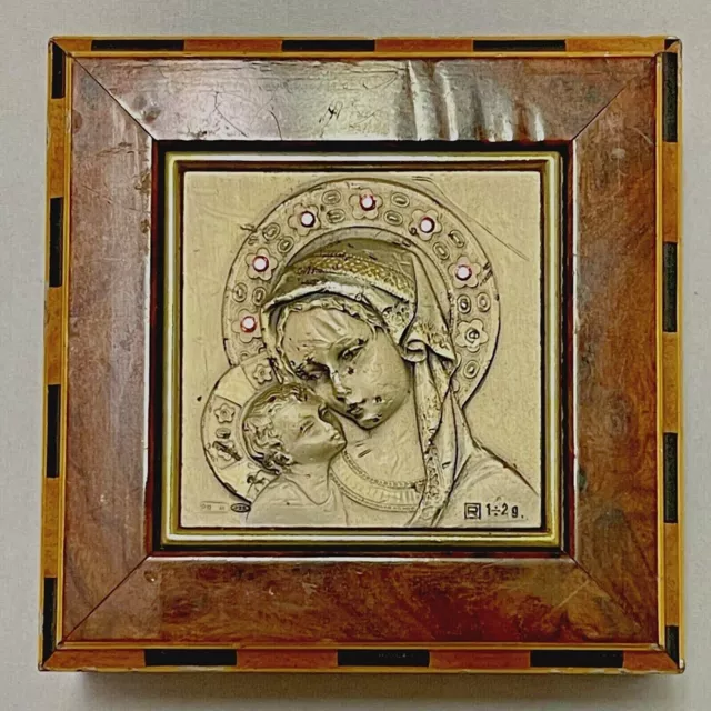 Asa Italy Burl Wood Rosary Box Sterling Silver Madonna and Child Plaque