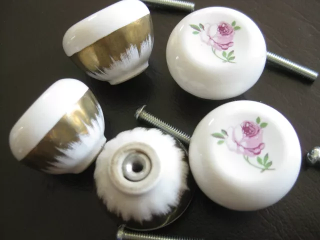 5 Vintage Porcelain Ceramic Drawer Cabinet Door Pull Knobs White Pink Rose Gold