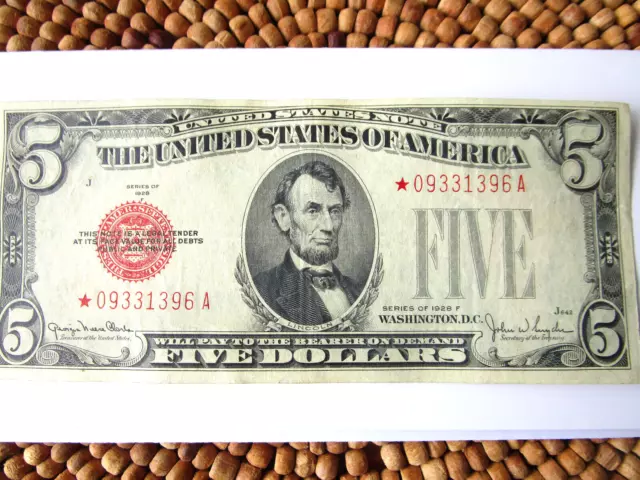 Currency Note 1928 5 Dollar Red Seal STAR Note-Scarce