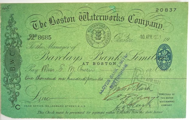 The Boston Waterworks Company Barclays Bank Ltd Cheque 1931 (W1)