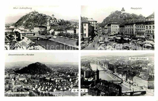 72820579 Graz_Steiermark Mur Schlossberg Gesamtansicht Drei Bruecken Hauptplatz