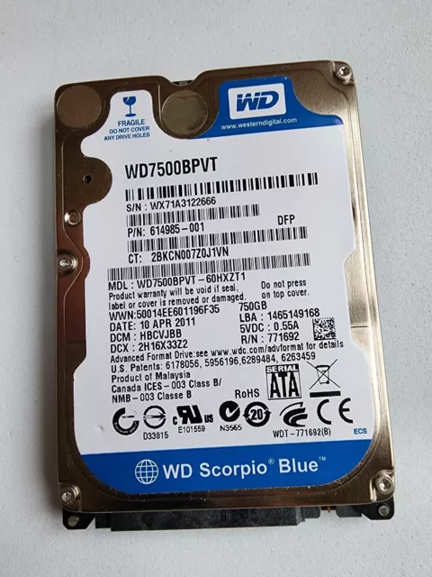 WD 750GB Scorpio Blue WD7500BPVT SATA 2.5" Hard Drive 5.4K RPM