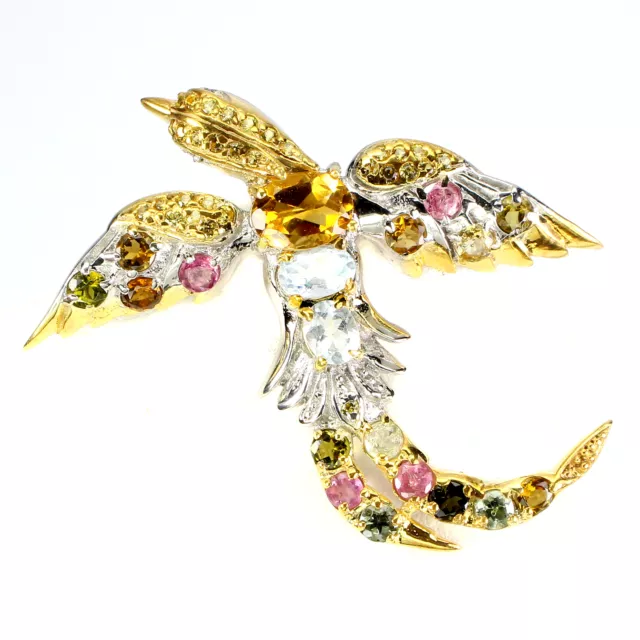 Non Chauffé Ovale Citrine Aigue-Marine Tourmaline Gemmes 925 Argent Bird Broche