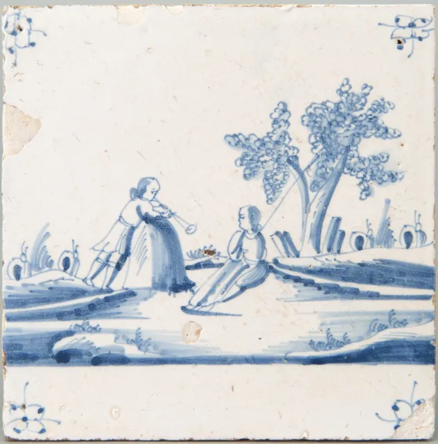Nice Dutch Delft Blue fine painted tile, shepherds, 18th. century.