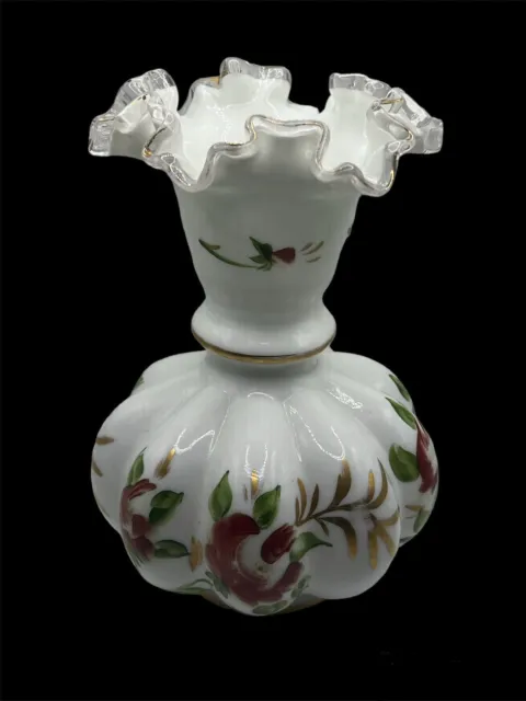 Vintage Fenton Hand Painted Charleton Melon Vase Roses Gold Trim 8" Milk Glass