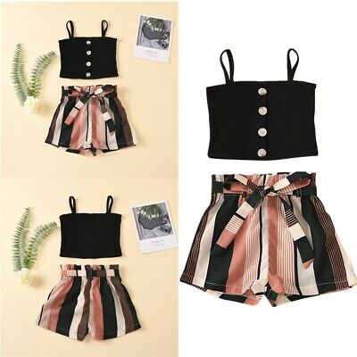 Kids Girls Cotton Cropped Top Shorts Sash Set Summer Outfits Clothes Casual Wear