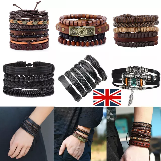 Mens Women Real Leather Bracelet Wristband Bangle Punk Beaded Surfer Wrap Gifts