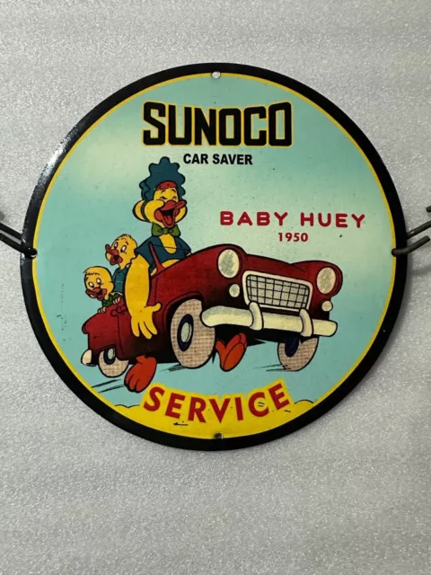 Sunoco Service Baby Huey Porcelain Enamel Gas Motor Oil Repair Pump Plate Sign