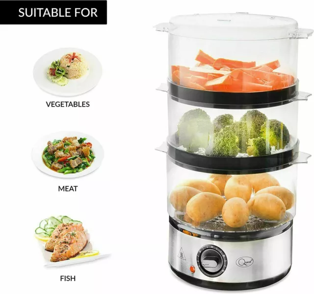 Food Steamer Electric 3 Tier Cooker Vegetable Fish Stainless Steel Timer Quest