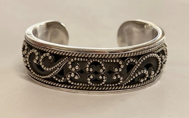 Lois Hill Cuff Scroll Bangle Bracelet 3/4" Wide Sterling Silver 7"