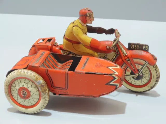 -JOUET ANCIEN JML MOTO SIDE CAR TOLE MECANIQUE  16,2 cm Sorti Grenier VITRINE  D