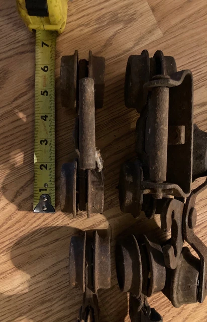 Antique Vtg Barn Door Track Rollers Wheels Cast Iron Hangers-2 pair and 1 single 5