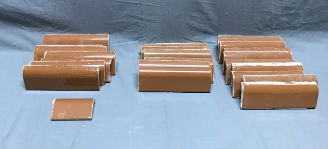 Antique Lot 25 Ceramic Bullnose Edge Chocolate Brown Vintage Tile Old 326-23B