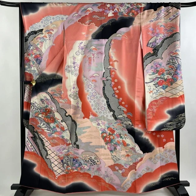Japanese Kimono Furisode Pure Silk Chrysanthemum Gold And Silver Paint Pink