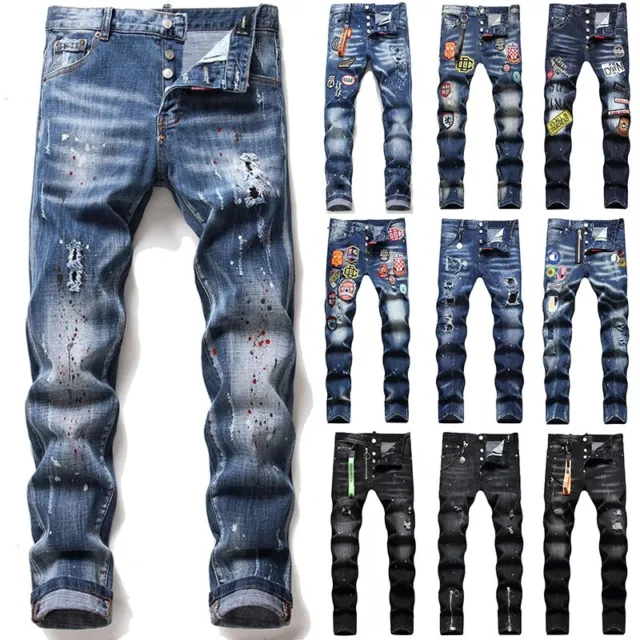 Mens Jeans Casual Slim Fits Skinny Denim Pants Ripped Patchwork Streetwear Jeans