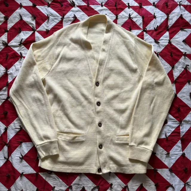 VINTAGE YELLOW ACRYLIC Cardigan Sweater Mens XL As Is Worn Flaws ...