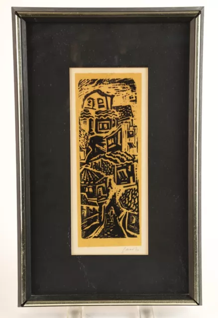 VTG 1950s “CITYSCAPE” Jacob Heller Wood block print Signed NEW SCHOOL MCM