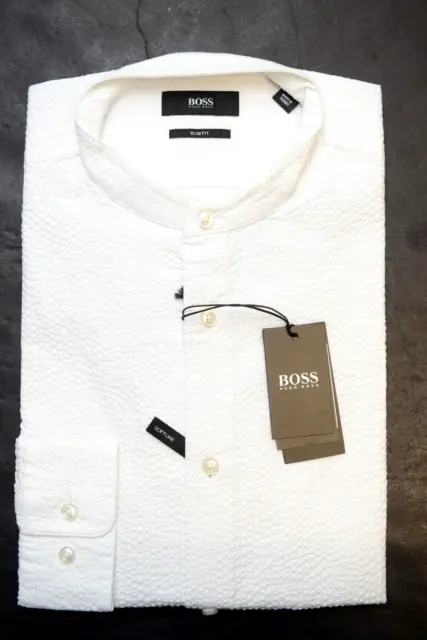 HUGO BOSS Uomo Jordi Slim Fit Rialzato Colletto Cotone Bianco Camicia 37 14.5