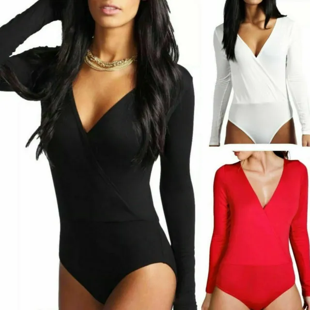 Ladies Womens Long Sleeve Wrap Over Plunge V Neck Stretch Leotard Bodysuit Top