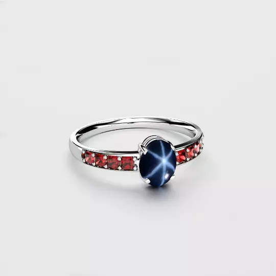 Genuine Blue Star Sapphire Ring Sterling Silver 925 / Natural Garnet / Round-Cut