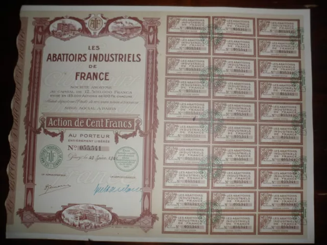 Action / Les Abattoirs Industriels De France / Action De Cent Francs 1921